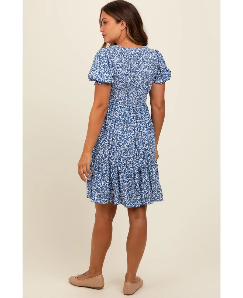 Pinkblush Maternity Blue Floral Puff Sleeve Smocked Dress