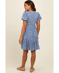 Pinkblush Maternity Blue Floral Puff Sleeve Smocked Dress