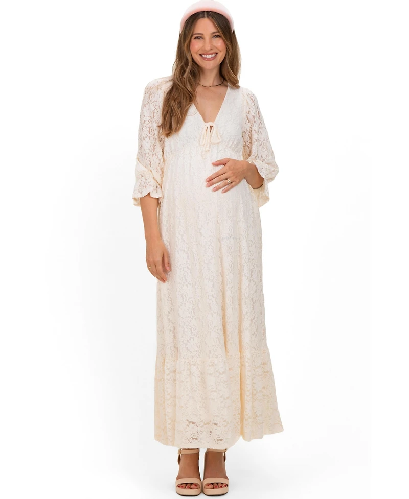 Pinkblush Maternity Ivory Floral Lace 3/4 Ruffle Sleeve V-Neck Maxi Dress