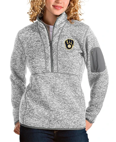 Antigua Women's Heather Gray Milwaukee Brewers Fortune Half-Zip Pullover Jacket