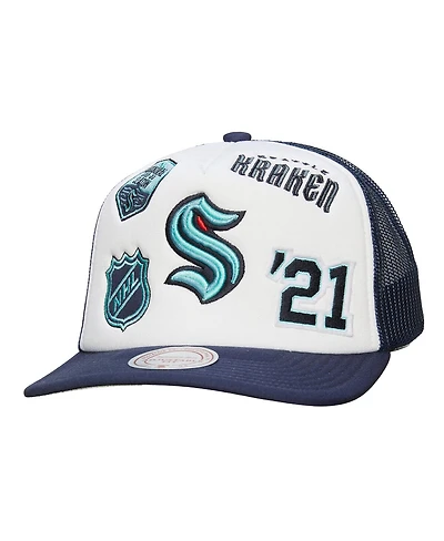 Mitchell & Ness Men's White/Deep Sea Blue Seattle Kraken Gridlock Trucker Adjustable Hat