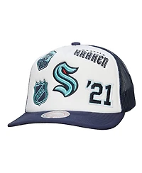 Mitchell & Ness Men's White/Deep Sea Blue Seattle Kraken Gridlock Trucker Adjustable Hat