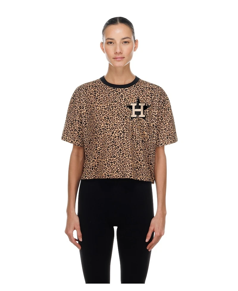 New Era Women's Brown Houston Astros Leopard Boxy Cropped T-Shirt