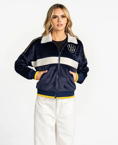 The Wild Collective Women's Navy Milwaukee Brewers Velvet Cord Full-Zip Jacket