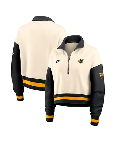 Nike Women's Natural/Black Iowa Hawkeyes Oversized Legacy Color Block Cropped Quarter-Zip Pullover Sweatshirt
