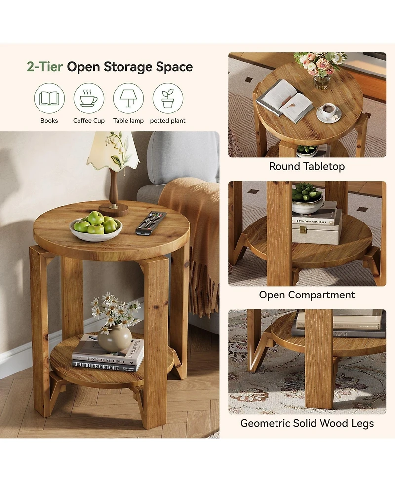 Slickblue 2 Tier Round Sofa Side Table with Storage Shelf Solid Wood Design
