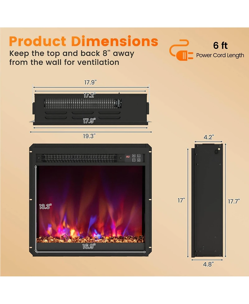 Costway 18" Electric Fireplace Insert Recessed 1500W Fireplace Heater with Remote Control