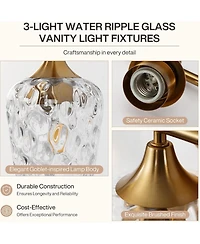 Tribesigns 3-Light Bathroom Vanity Light, Brushed Brass Vanity Light Fixtures Over Mirror with Water Ripple Clear Glass Shades