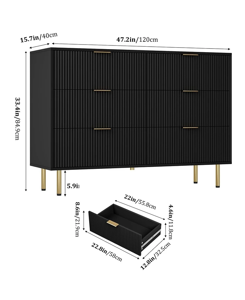 homfan Fluted Wood Dresser 6 Drawers for Bedroom, Large Modern Chest of Drawers, with Faux Marble Top and Handle