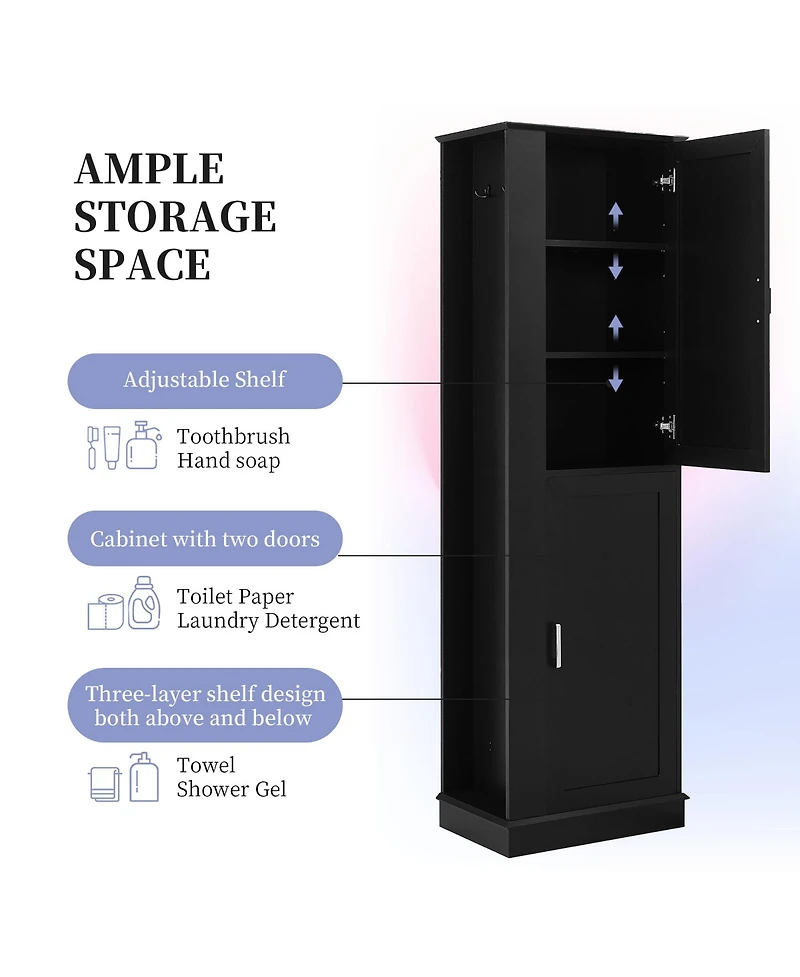 Midola Tall Bathroom Storage Cabinet, Freestanding Storage Cabinet with Hook and Adjustable Shelf, Mdf Board
