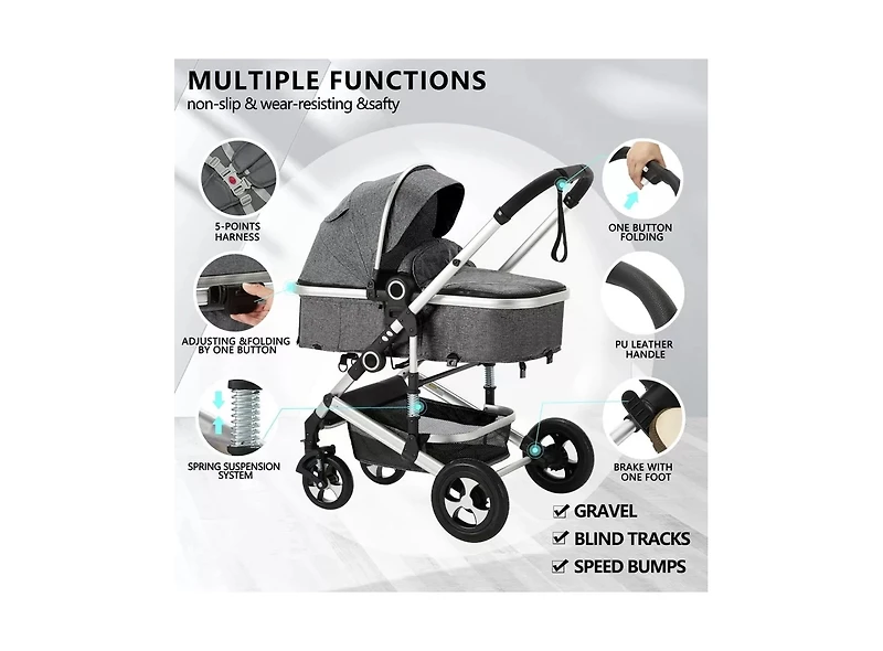 Kinder King Cozi 2 Convertible Baby Stroller, Folding High Landscape Design with Adjustable Canopy and Diaper Bag,