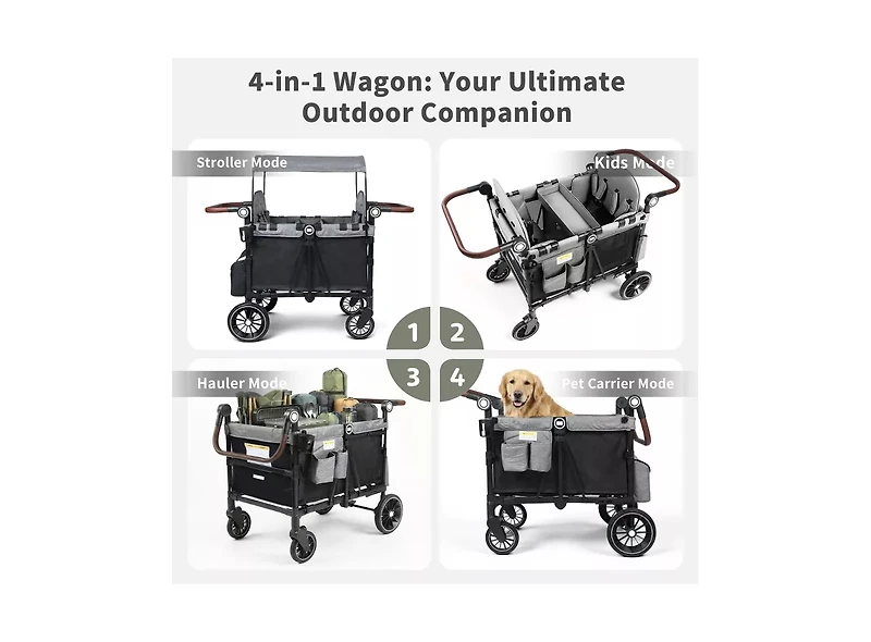 Kinder King Baby All-Terrain 4-Seat Stroller Wagon with Canopy, Shock-Absorbing Wheels, Snack Tray, Storage Bag and Adjustable Handle