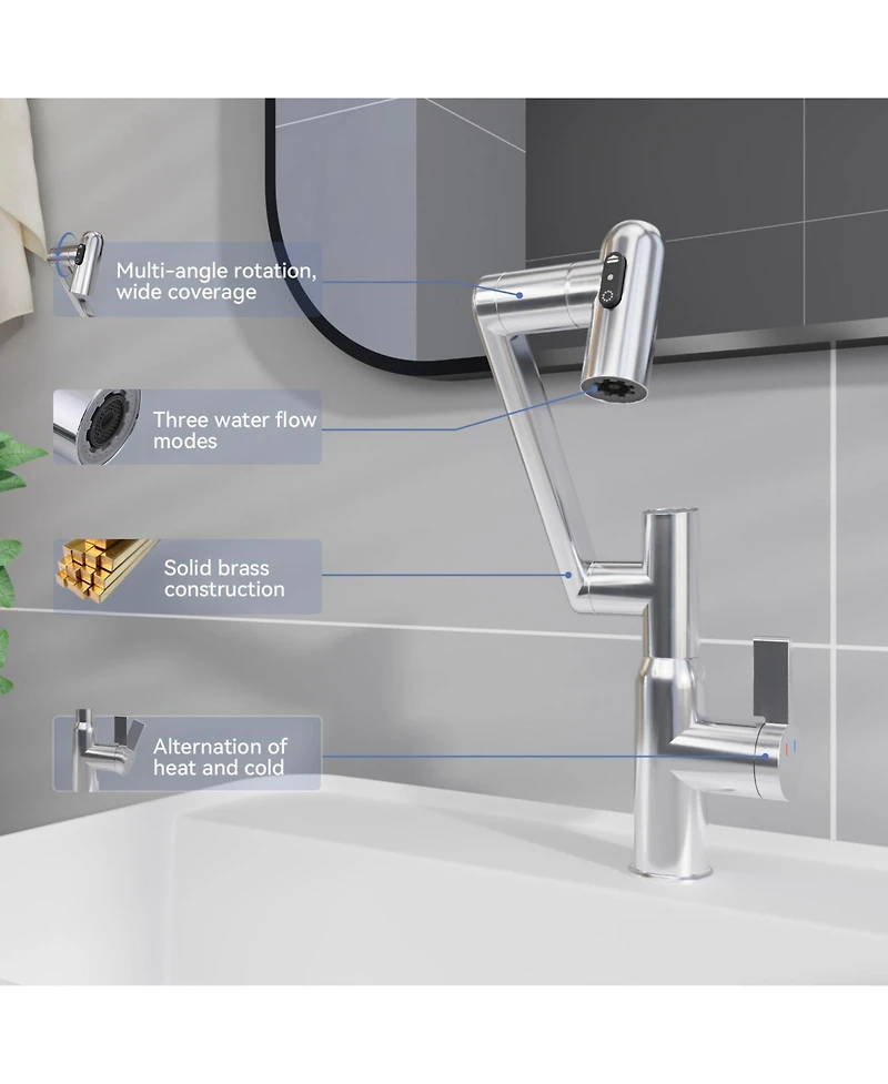 Phying Chrome Bathroom Sink Faucet with Spray Function and Temperature Display for Anti-Skid Switch and Hot and Cold and 360degree(s) Rotary