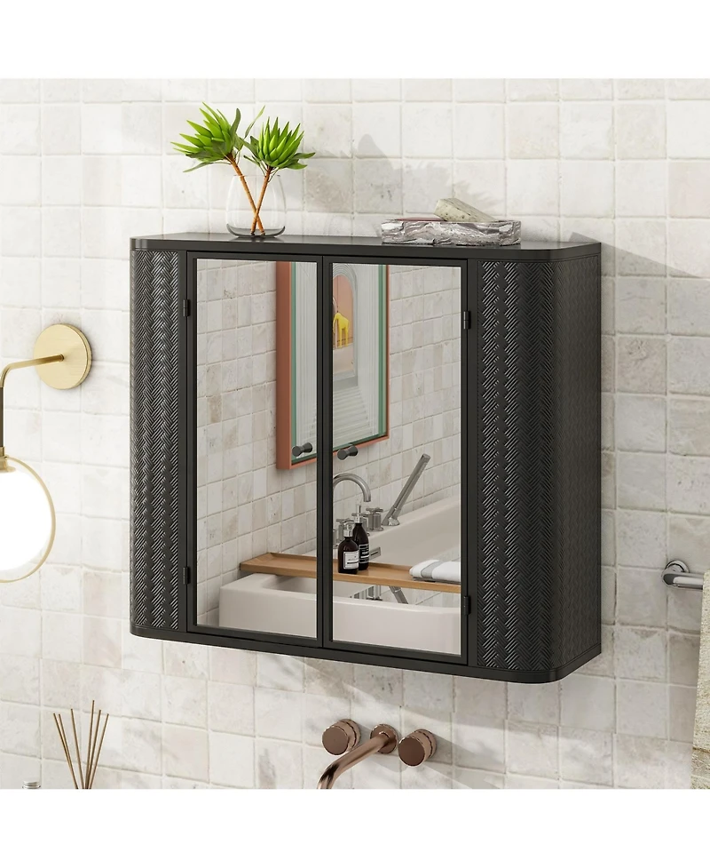 Phying Farmhouse Wall Mounted Mirror Cabinet Metal Frame Storage Organizer with 2 Mirrored Doors and Open Shelf for Bathroom Vanity Over Sink