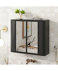 Phying Farmhouse Wall Mounted Mirror Cabinet Metal Frame Storage Organizer with 2 Mirrored Doors and Open Shelf for Bathroom Vanity Over Sink