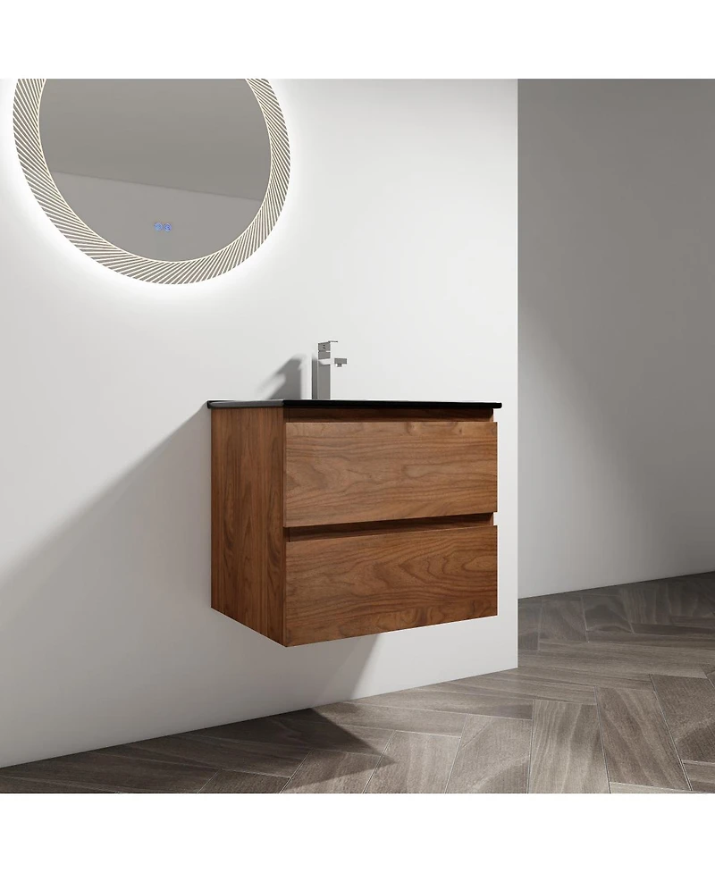 Sillysis 24 Inch Wall Mounted Bathroom Vanity with Ceramic Sink, Soft Close Drawers, Wood Grain Plywood for Modern Bathrooms