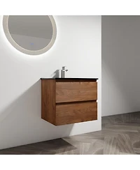 Sillysis 24 Inch Wall Mounted Bathroom Vanity with Ceramic Sink, Soft Close Drawers, Wood Grain Plywood for Modern Bathrooms