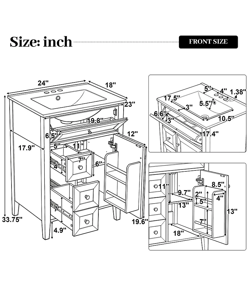 Sillysis 24 Inch Bathroom Vanity with Ceramic Sink, Classic Modern Freestanding Cabinet, Soft Close Drawers for Small Bathrooms