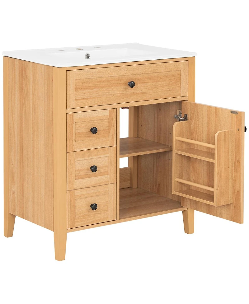 Sillysis 30 Inch Bathroom Vanity with Ceramic Sink, Rustic Wood Grain Cabinet, Soft Close Drawers, Adjustable Storage for Modern Bathrooms