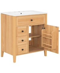 Sillysis 30 Inch Bathroom Vanity with Ceramic Sink, Rustic Wood Grain Cabinet, Soft Close Drawers, Adjustable Storage for Modern Bathrooms