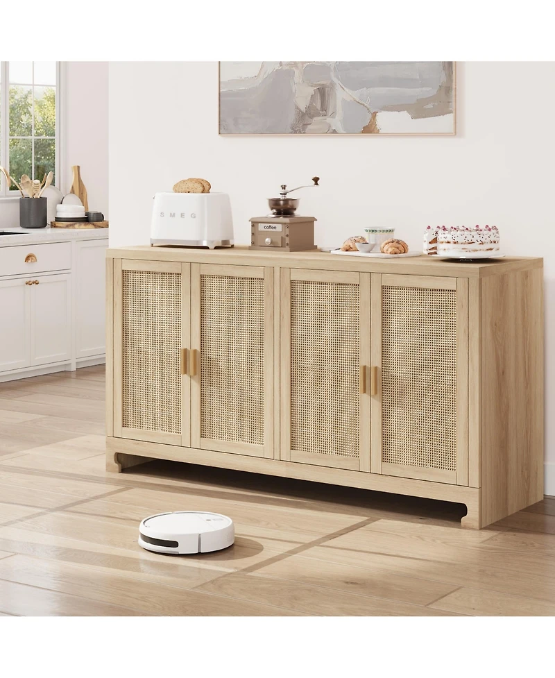 homfan Modern 4-Door Rattan Sideboard, Wooden Accent Buffet Cabinet with Ample Storage for Entryway, Living Room and Dining