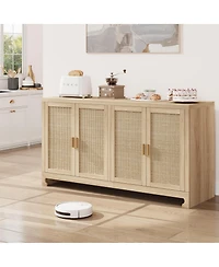 homfan Modern 4-Door Rattan Sideboard, Wooden Accent Buffet Cabinet with Ample Storage for Entryway, Living Room and Dining