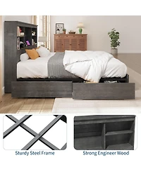 homfan 51" Tall Storage Headboard Bed Frame – Wood Platform with 4 Drawers, Built-in Charging Station, Metal Frame, Noise-Free, Farmhouse Style