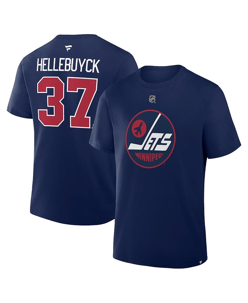 Fanatics Men's Connor Hellebuyck Navy Winnipeg Jets Authentic Stack Name Number T-Shirt