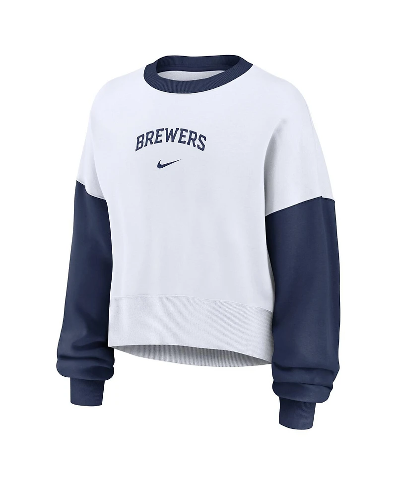Nike Women's White/Navy Milwaukee Brewers Oversized High Hip Fleece Sweatshirt