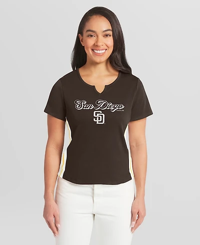 Wear by Erin Andrews Women's Brown San Diego Padres Notch Neck Cropped T-Shirt