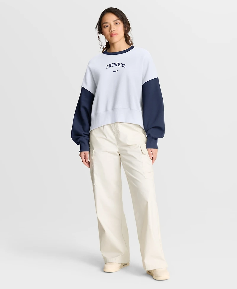 Nike Women's White/Navy Milwaukee Brewers Oversized High Hip Fleece Sweatshirt