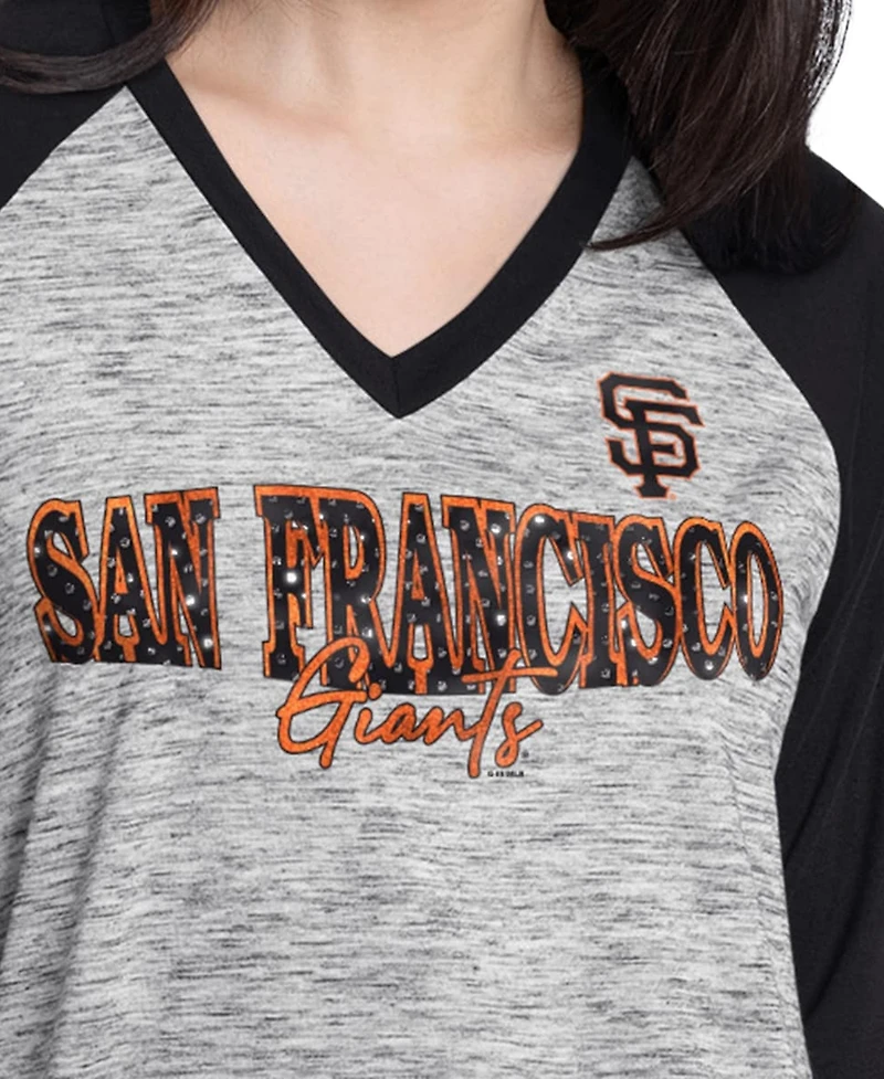 G-iii 4Her by Carl Banks Women's Black/Heather Black San Francisco Giants Speed Training 3/4-Sleeve Rhinestone V-Neck T-Shirt
