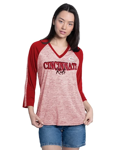 G-iii 4Her by Carl Banks Women's Red/Heather Red Cincinnati Reds Speed Training 3/4-Sleeve Rhinestone V-Neck T-Shirt