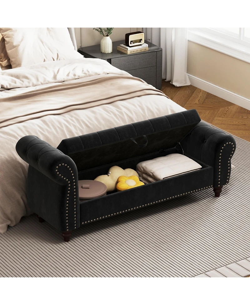Flynama 64.5 Inch Velvet Tufted Storage Bed Bench with Antique Copper Nailhead Trim, Upholstered Chaise Lounge for Bedroom Living Room
