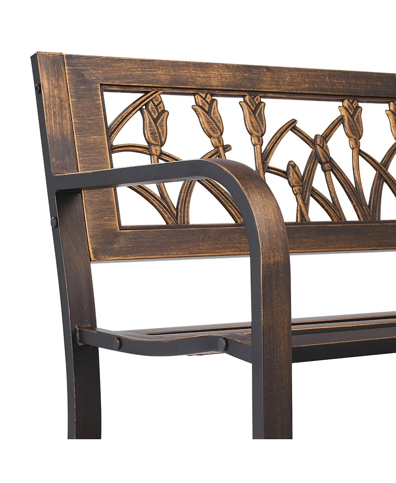 flynama 50" Antique Bronze Outdoor Metal Bench with Pvc Floral Backrest