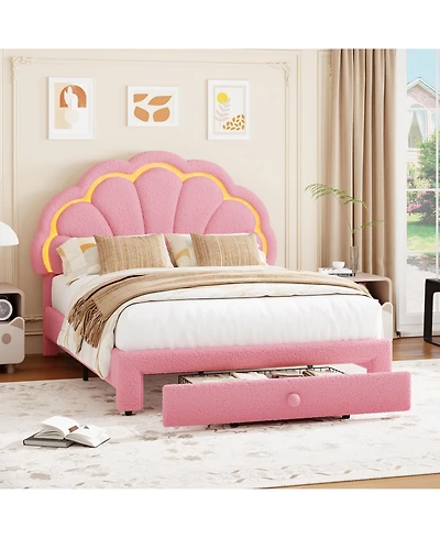 gaomon Upholstered Led Bed Frame with Storage Drawer and Adjustable Chic Headboard, Berber Fleece Princess Platform Bed for Kids