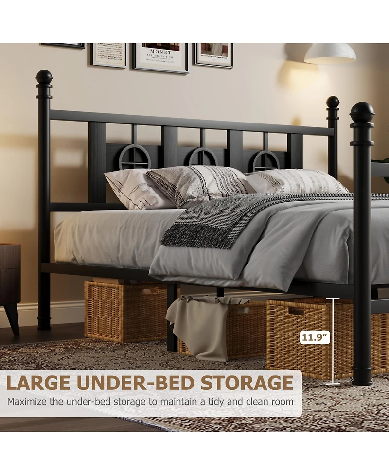 homfan Durable Metal Platform Bed Frame with Retro Circular Design, Headboard and Footboard Included, Underbed Storage Space