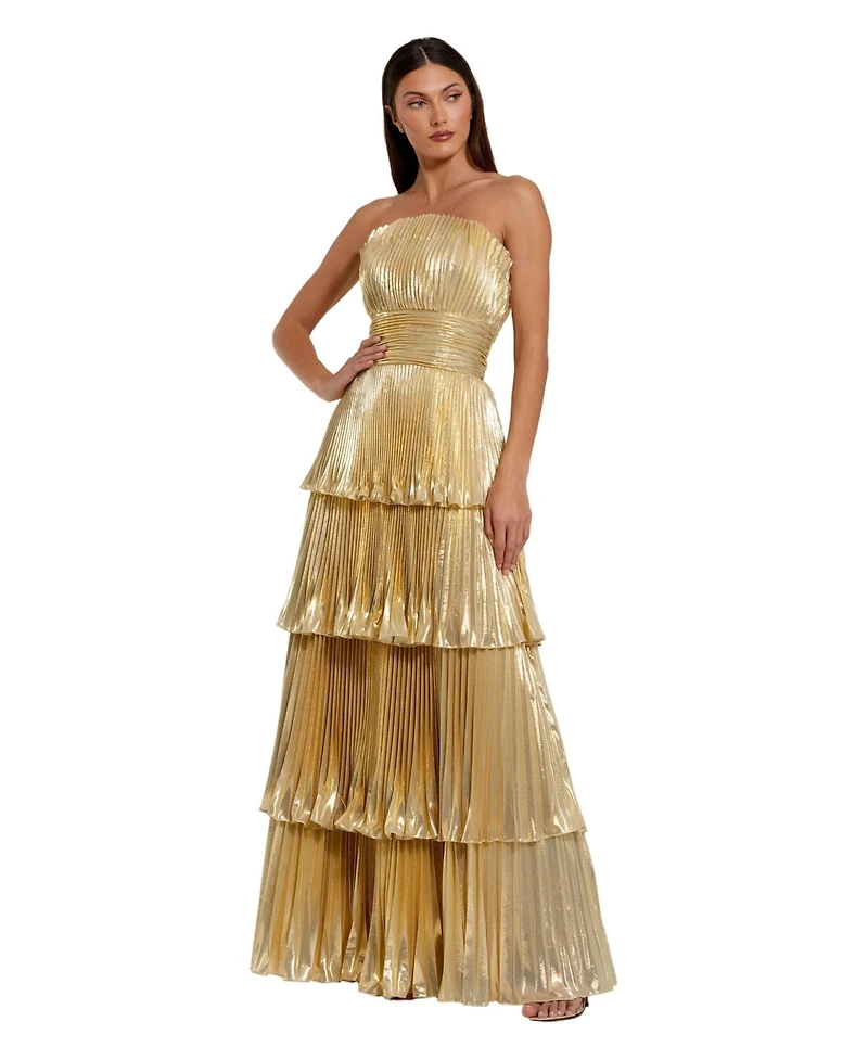 Mac Duggal Petite Strapless Metallic Pleated Tiered Gown