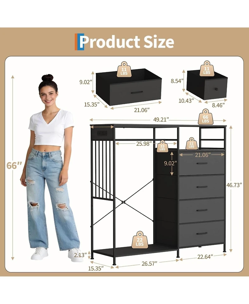gaomon 6-Drawer Fabric Dresser with Hanging Rack, Led Lights and Charging Station - Open Wardrobe Organizer, Sturdy Storage for Bedroom, Living Room