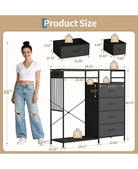 gaomon 6-Drawer Fabric Dresser with Hanging Rack, Led Lights and Charging Station - Open Wardrobe Organizer, Sturdy Storage for Bedroom, Living Room