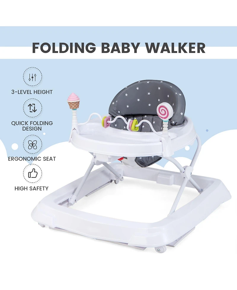 Foldable Baby Activity Walker with Adjustable Height and Detachable Seat Cushion