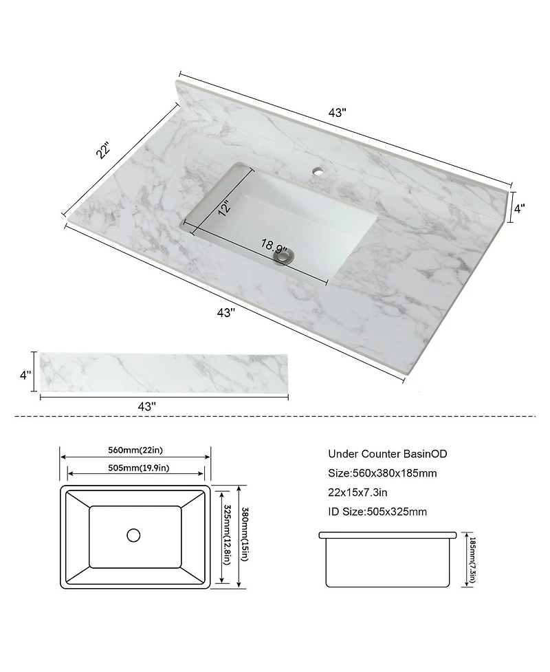 Sillysis 31/37/43 Inch Sintered Stone Bathroom Vanity Top with Rectangular Undermount Sink, 4 Inch Backsplash