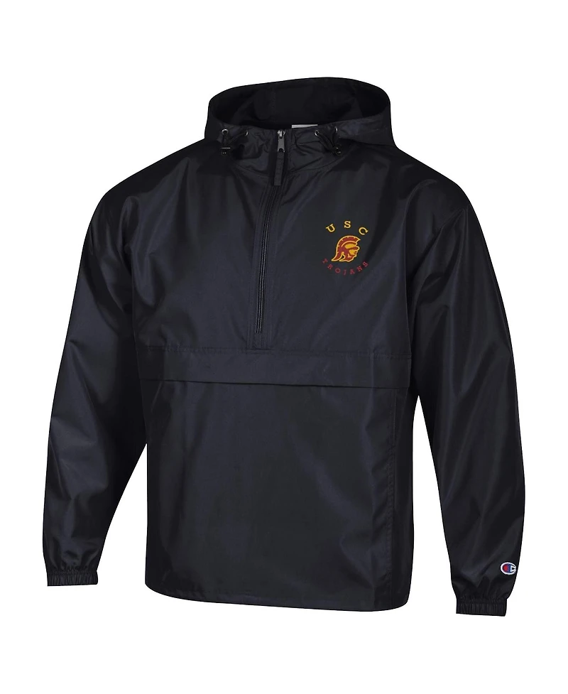 Champion Men's Black Usc Trojans Packable Hooded Windbreaker Half-Zip Jacket