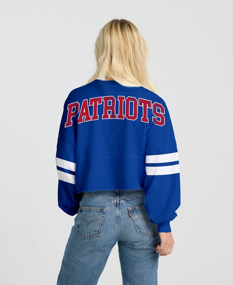 Spirit Jersey Women's Royal New England Patriots Oversized Cropped Stripe Long Sleeve T-Shirt