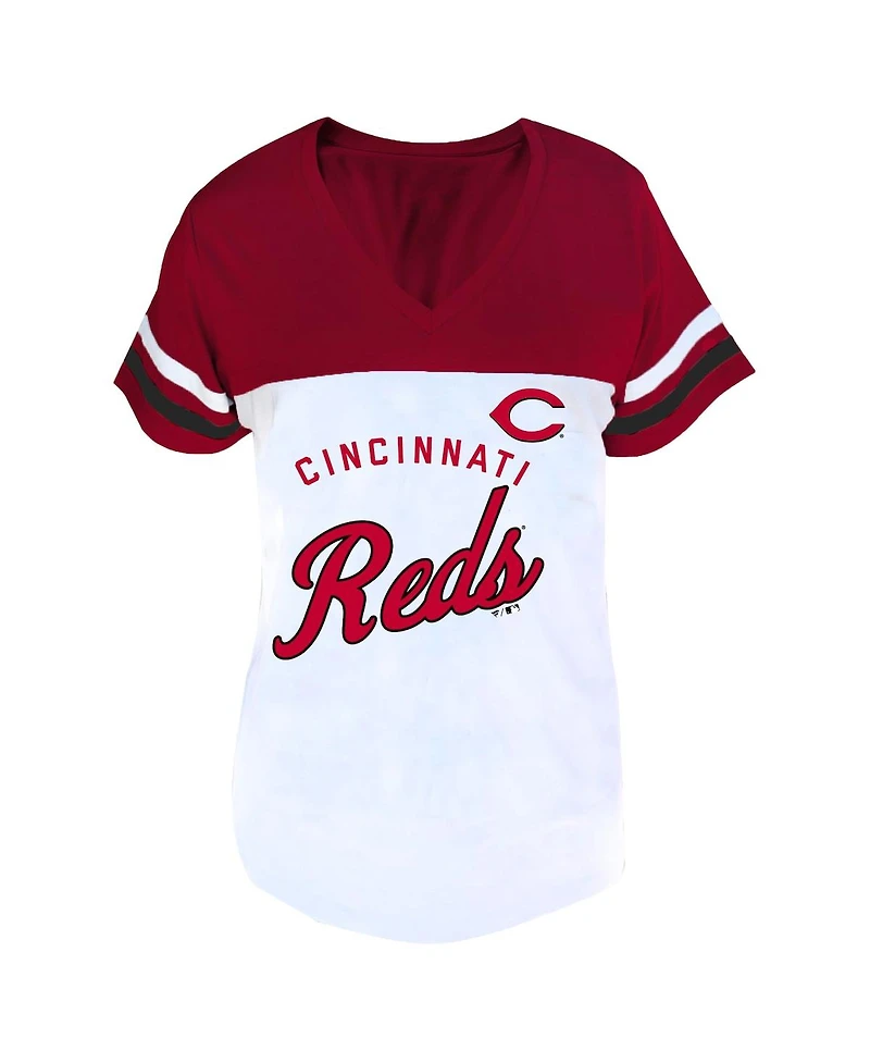 Fanatics Women's White/Red Cincinnati Reds Plus Size Two-Stripe V-Neck T-Shirt