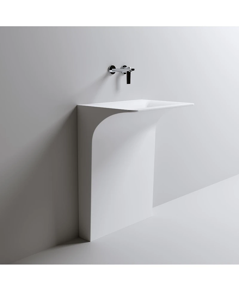 Sillysis Solid Surface Pedestal Sink, Seamless Modern Freestanding Wall-Mount Basin with Sloped Linear Drain, 23x18x33 Inch for Small Bathroom