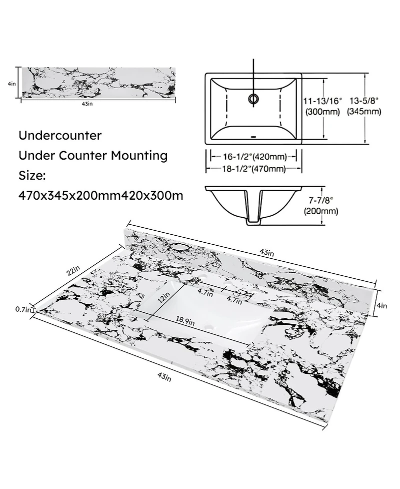 Sillysis 31/37/43/49 Inch Artificial Marble Bathroom Vanity Top with Rectangular Undermount Sink, Overflow, 4 Inch Backsplash, 3 Faucet Holes
