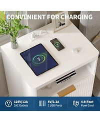 homfan Set of 2 Fluted Nightstands with Charging Station, 2-Drawer Bedside Tables with 2 Outlets and 2 Usb Ports, Metal Handles