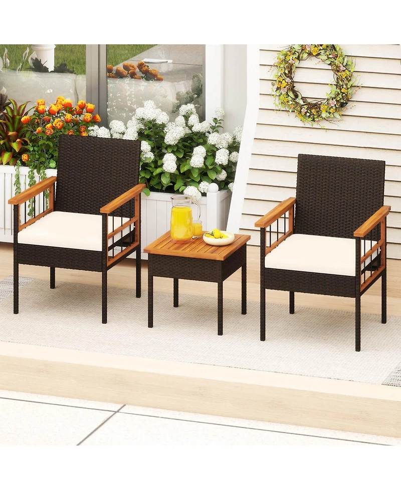 Costway Pcs Wicker Furniture Set with Acacia Wood Tabletop Armrests Cushions for Backyard