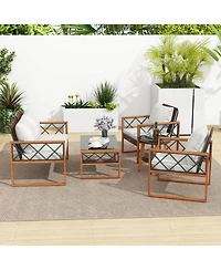 Costway 5 Pcs Pe Wicker Patio Furniture Set with Acacia Wood Frame Cushions for Deck Garden